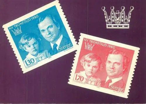 Postcard Sweden stamps "New Order of Succession" King Carl XVI Gustaf and Crown Princess Victoria issued 26 Feb. 1980