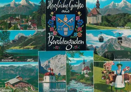 Postcard Germany Berchtesgaden Bayerische Alpen several aspects emblem