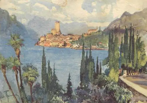 Postcard Italy Malcesine Lago di Garda signed painting