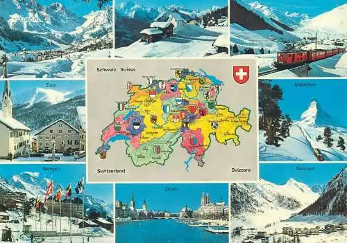 Postcard multi view Switzerland country map several views