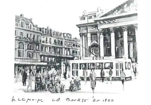 Postcard Belgium Bruxelles la bourse 1960 tram vu par Henri Lemoine