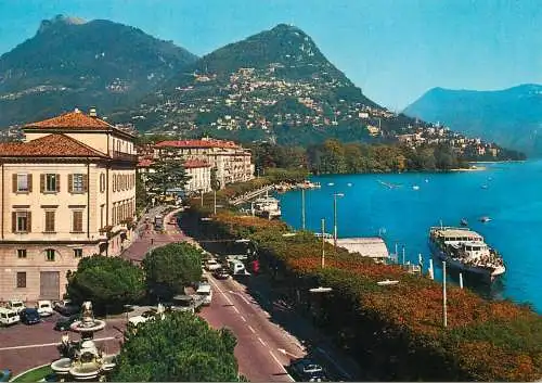 Postcard Switzerland Lugano lake promenade and Monte Bre