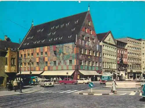 Postcard Germany Augsburg Mercur fountain and weaver's hut 1982