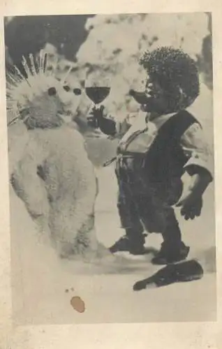 Mecki hedgehog & snowman cheer champagne New Year greetings photo
