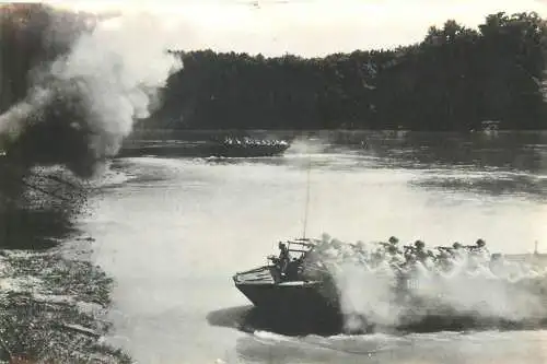 Military Postcard army operation river boat soldiers