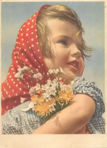 Post card children types cute young flower girl beautiful smile
