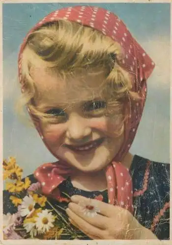 Postcard children types cute young flower girl beautiful smile