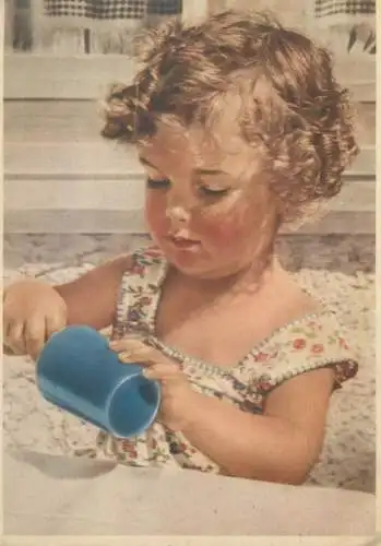 Postcard children types curly blond hair little girl playing outdoor