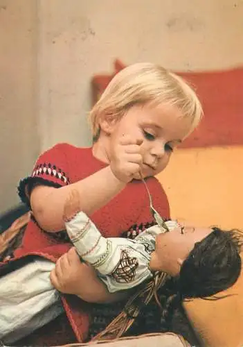Postcard children types little girl playing with doll