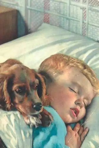 Postcard children types boy sleeping with puppy dog