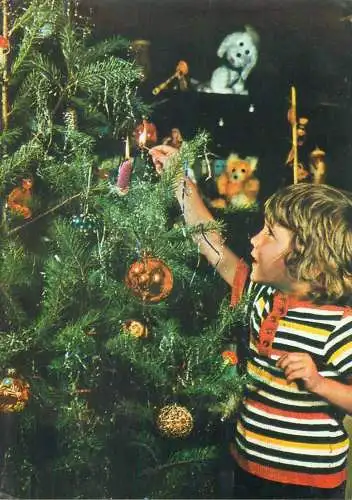 Christmas cheer Post card young boy decorating fir tree