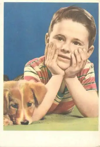 Postcard young boy with dog