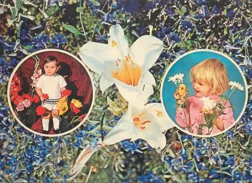 Postcard children types flower types flora lilies