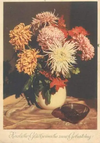 Birthday best wishes Postcard chrysanthemums colourful vase floral arrangement Willy Gursky photo