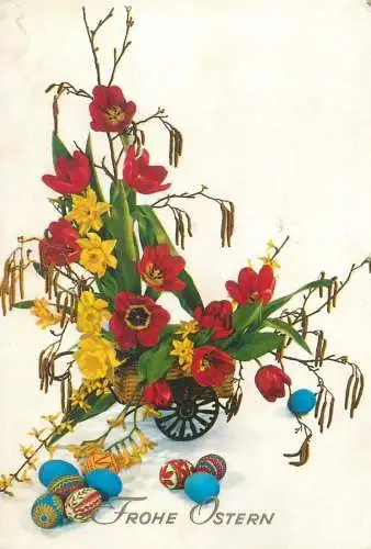 Easter greetings Postcard floral colourful arrangement pencilled eggs