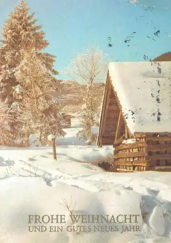 Post card Christmas greetings winter scenery wooden lodge