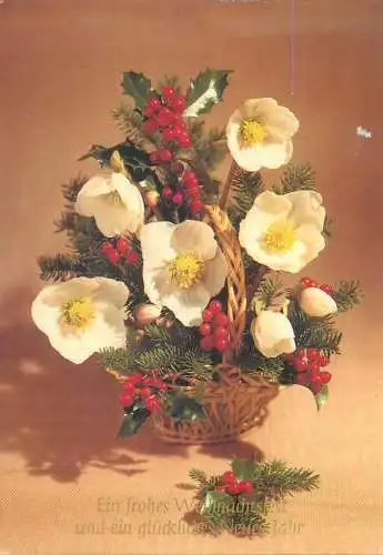 Post card Christmas greetings basket colourful floral arrangement