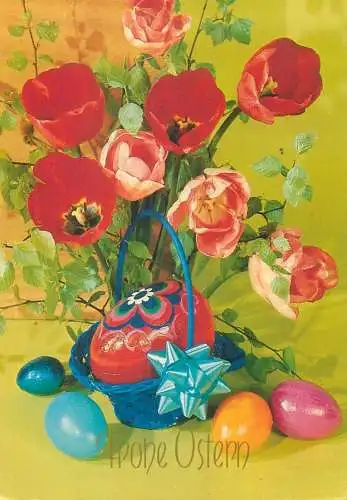 Post card Easter greetings poppies colourful floral arrangement pencilled eggs