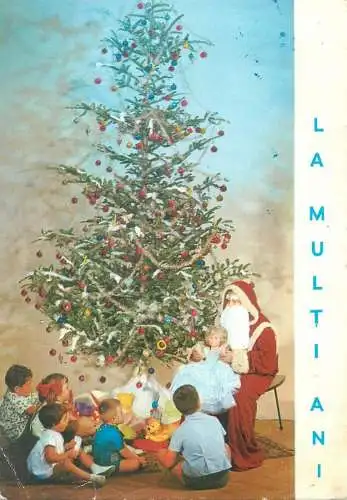 Postcard Christmas greetings Santa Claus with children around decorated fir tree