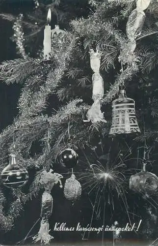 Postcard Merry Christmas greetings decorated fir tree ornaments lit candles detail aspect