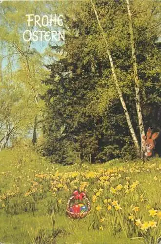 Postcard Frohe Ostern daffodils meadow pencilled eggs basket bunny