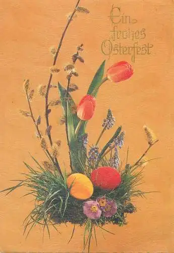 Postcard Ein frohes Osterfest pencilled eggs colourful floral arrangement tulips and blossom willow branch