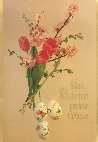 Easter greetings Postcard pencilled eggs tulips flower bouquet