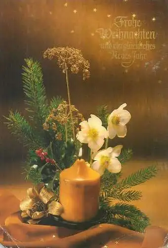 Postcard Winter Holidays greetings floral decorative ornament and lit candle