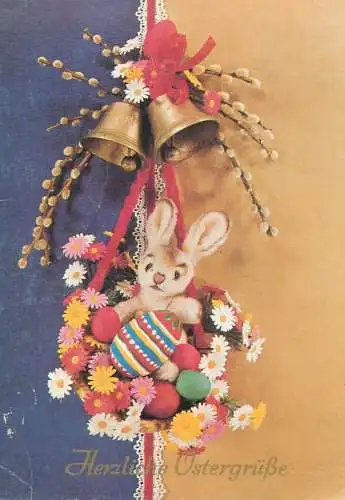 Easter greetings Postcard willow branch floral decorative ornament pencilled eggs toy bunny bells