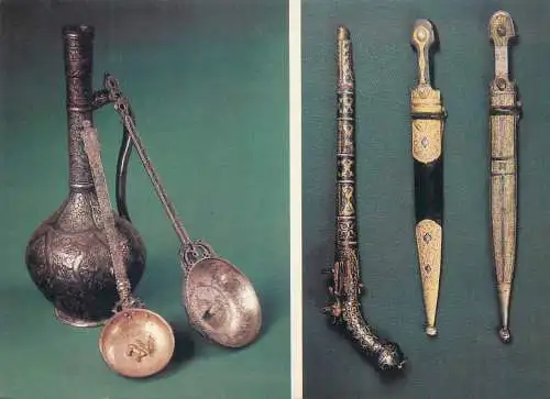 Postcard vase and weapons pistol and knives XIX multi view
