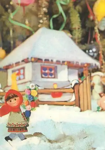 Post card miniature world  carolling girl wearing traditional costume Holiday cheer and traditions