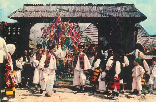Postcard Romanian folklore traditional costumes "Tinjaua" din Hotenii Maramuresului: Iesirea pe poarta sarbatoritului