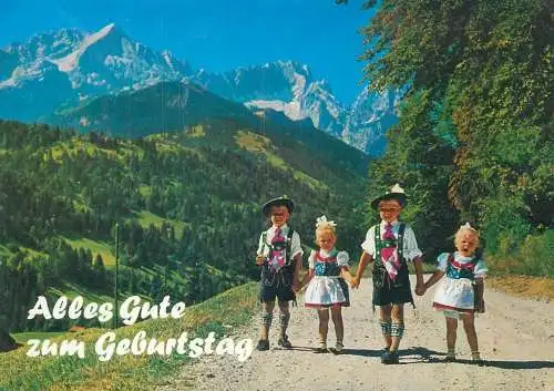 Huber Postcard German children types mountain scenery traditional costumes Alles Gute zum Geburtstag