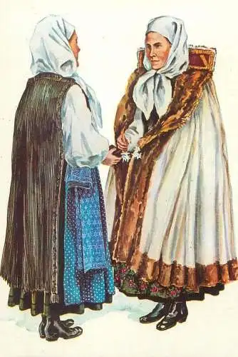 Postcard Taranci din Slimnic (jud. Sibiu) costum traditional sasesc de duminica acuarela Juliana Fabritius-Dancu 1971