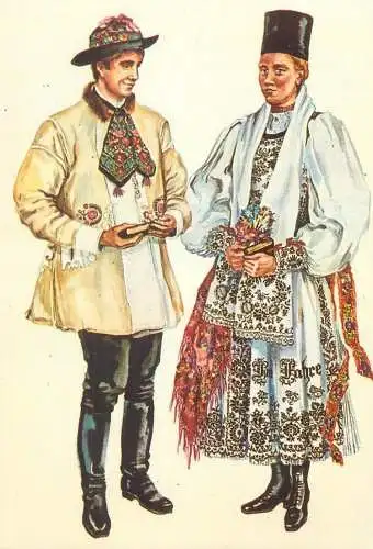 Postcard Flacau si fata din Garbova (jud. Sibiu) costum traditional sasesc de duminica acuarela Juliana Fabritius-Dancu