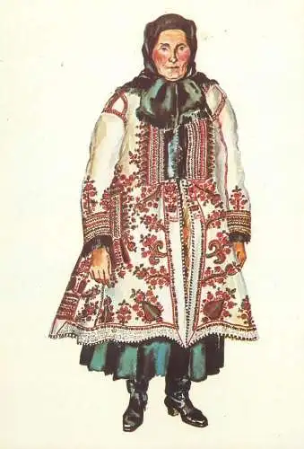 Postcard Taranca din Batos(jud. Mures) costum traditional sasesc de duminica acuarela Juliana Fabritius-Dancu 1972