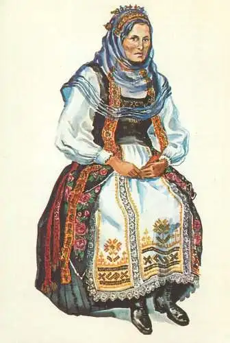 Postcard Taranca din Sura Mare(jud. Sibiu) costum traditional sasesc de sarbatoare acuarela Juliana Fabritius-Dancu 1971