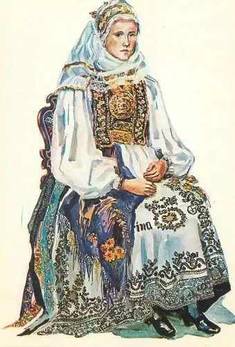 Postcard Taranca din Sura Mare(jud. Sibiu) costum traditional sasesc de sarbatoare acuarela Juliana Fabritius-Dancu 1971