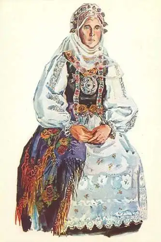 Postcard Taranca din Bunesti (jud. Brasov) costum traditional sasesc de sarbatoare acuarela Juliana Fabritius-Dancu 1971