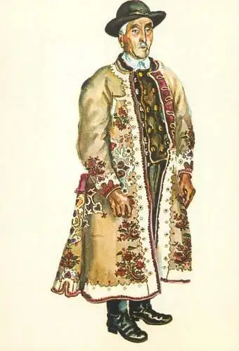 Postcard Taran din Motis(jud. Sibiu) costum traditional sasesc de duminica acuarela Juliana Fabritius-Dancu 1974