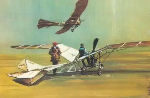 Monoplane of Sandor Svachulay Kolibri below and Albatrosz Malev airline Hungary postcard