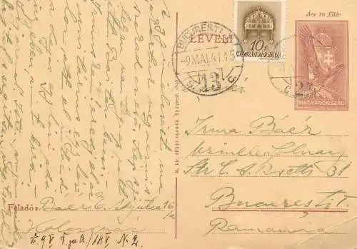 Hungary entier postal postal stationery postcard correspondence 1941 Hongrie via Bucuresti Romania