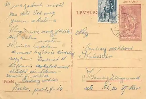 Hungary entier postal postal stationery postcard correspondence 1943
