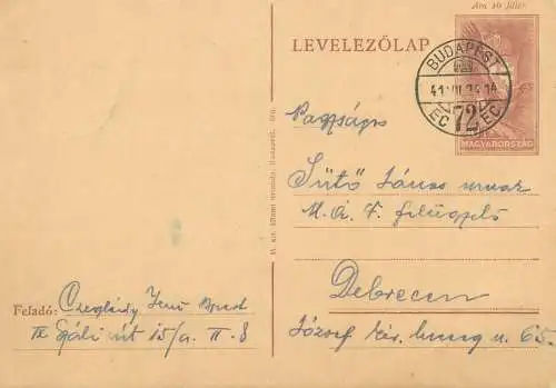 Hungary entier postal postal stationery postcard correspondence 1941 Budapest - Debrecen