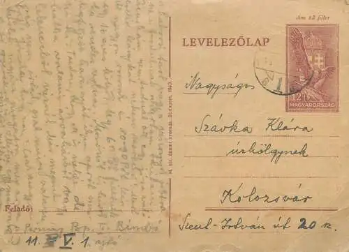 Hungary entier postal postal stationery postcard correspondence 1943 Hongrie Kolozsvar
