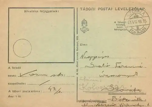 Hungary entier postal postal stationery postcard military correspondence 1941 Szovata