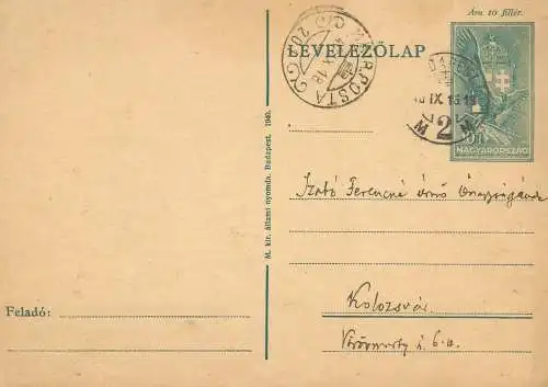 Hungary entier postal postal stationery postcard 10 filler coat of arms Hongrie via Kolozsvar