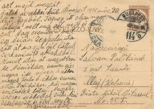 Hungary entier postal postal stationery postcard 1930 Budapest via Cluj