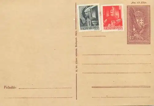 Hungary entier postal postal uprated stamps stationery postcard 1943 coat of arms 12 filler