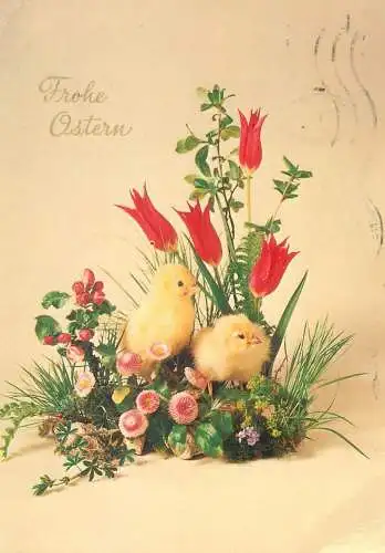 Frohe Ostern Post card chicken in top of colourful floral arrangement ornament